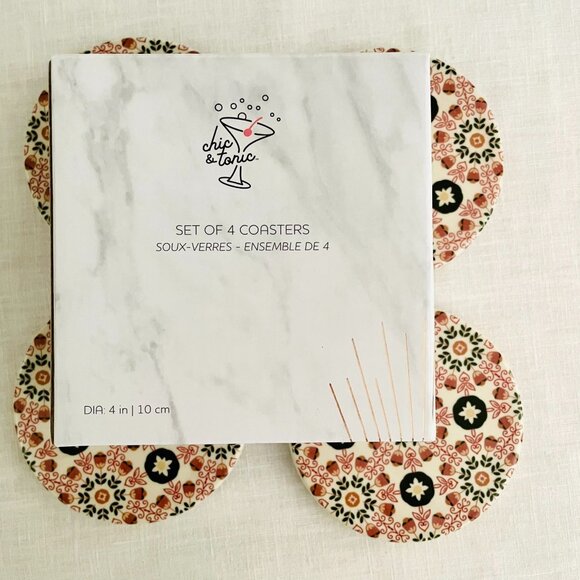 Chic and Tonic Stoneware Coasters Set Of 4 Round 4 Inch w/ Floral Pattern - Picture 2 of 7